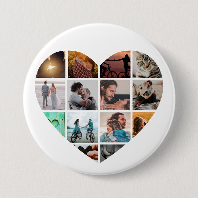 Modern Heart 14 Photo Collage Love Family 3 Inch Round Button (Front)