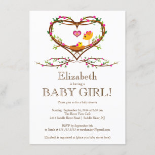 Modern Heart baby bird Girls Baby Shower Invitation