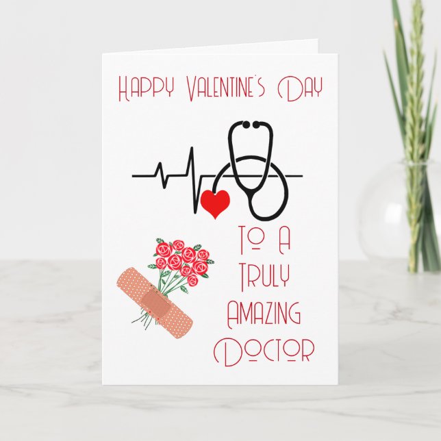 Modern Heart Beat Red Roses Doctor Valentines Day  Holiday Card (Front)