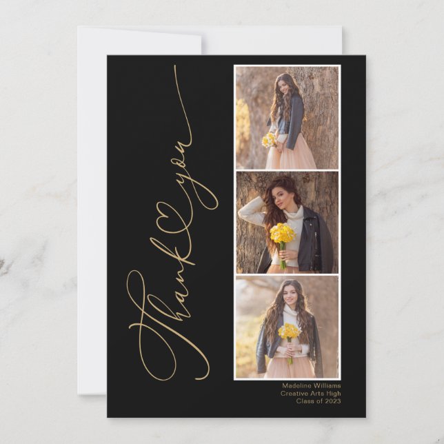Modern Heart Black Gold Graduation Thank You Card (Front)