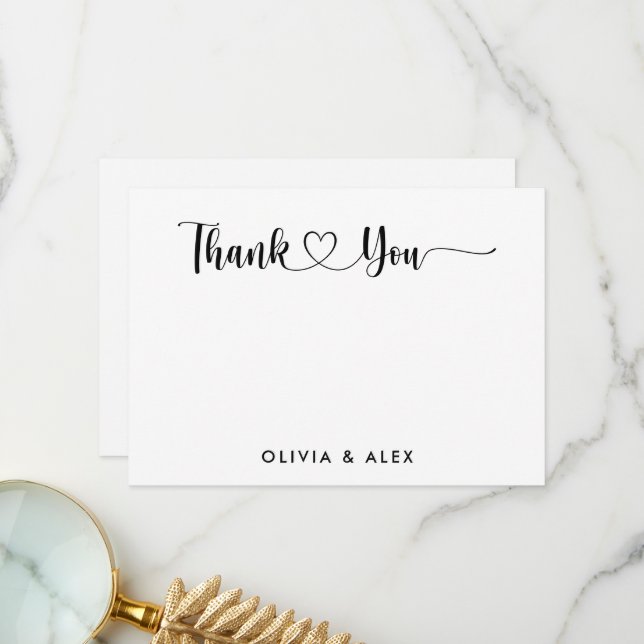Modern Heart Black Script Personalized Wedding  Thank You Card (Front/Back In Situ)