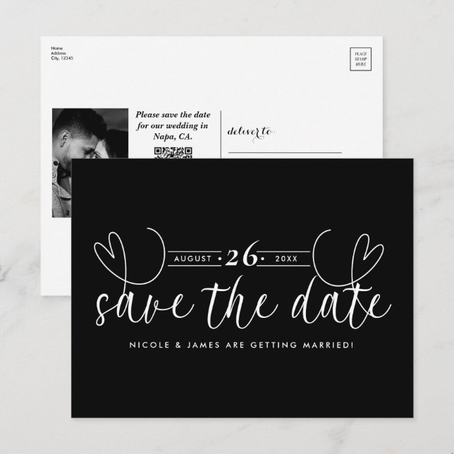 Modern Heart Black & White Chic Save the Date Announcement Postcard (Front/Back)