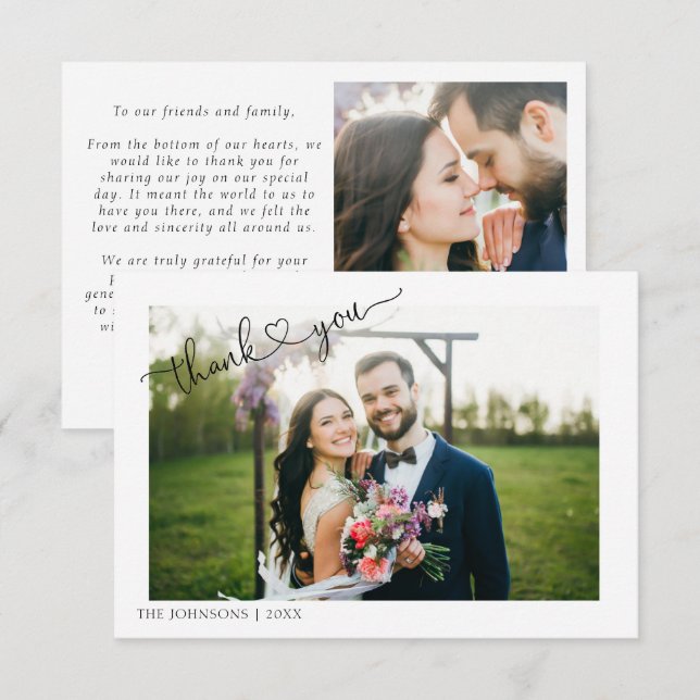 Modern Heart Calligraphy 2 Photo Wedding Thank You Card (Front/Back)