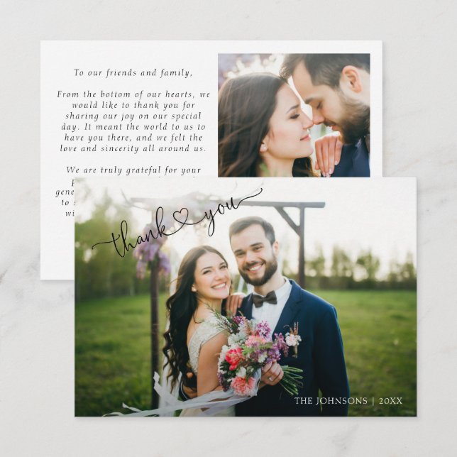 Modern Heart Calligraphy 2 Photo Wedding Thank You Card (Front/Back)