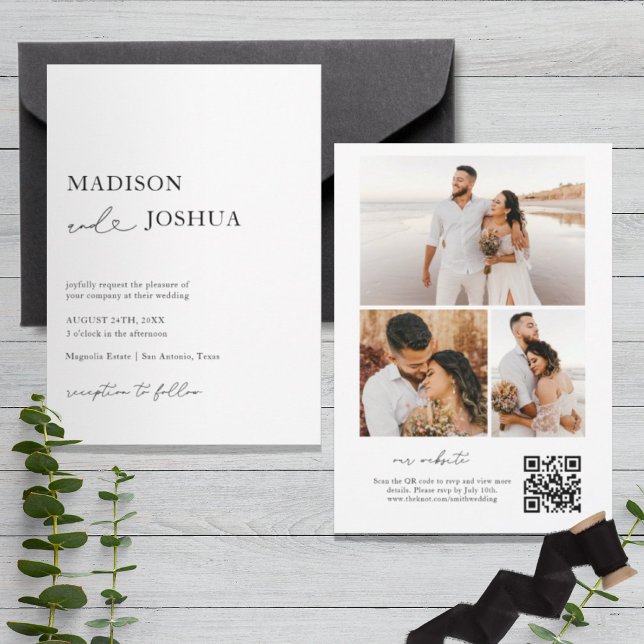Modern Heart Calligraphy Photo Collage QR Code Invitation (Creator Uploaded)