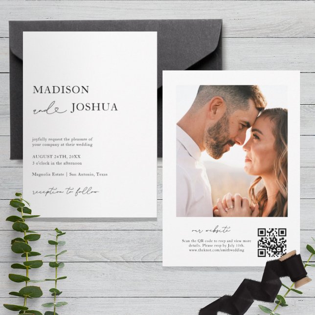 Modern Heart Calligraphy Photo QR Code Invitation (Creator Uploaded)
