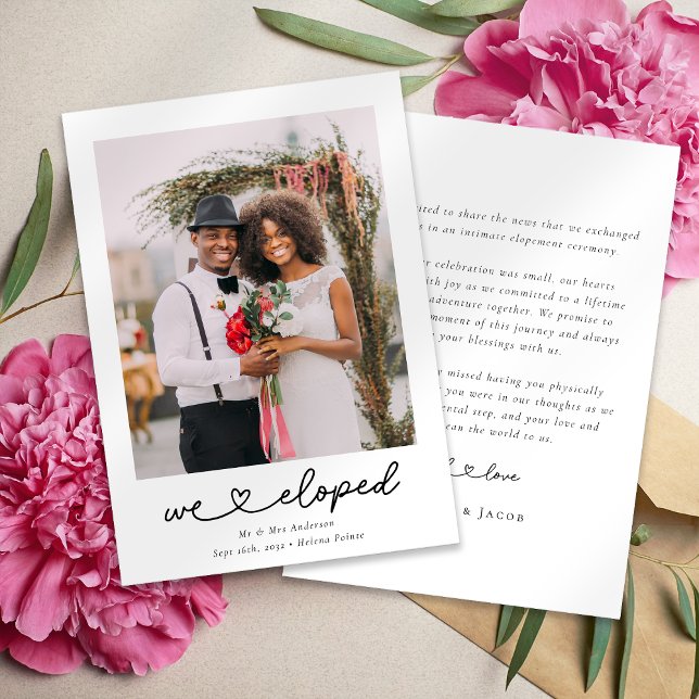 Modern Heart Calligraphy We Eloped Photo Wedding Announcement (Creator Uploaded)