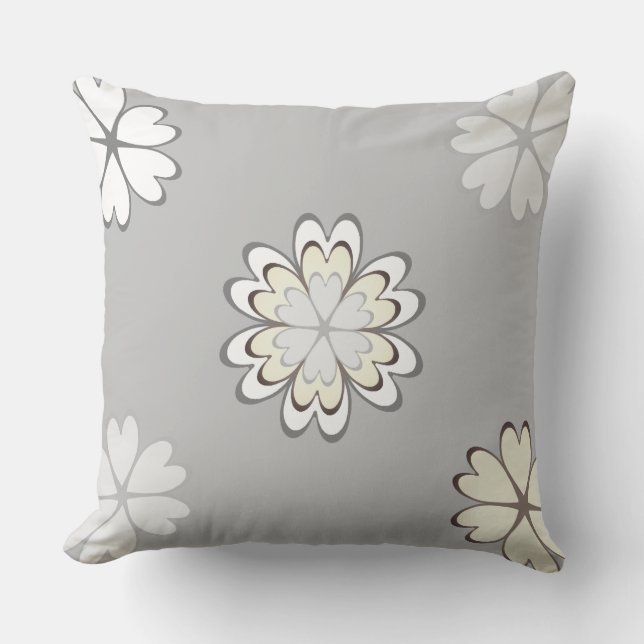 Modern Heart Flowers on Silver Dust Throw Pillow (Front)