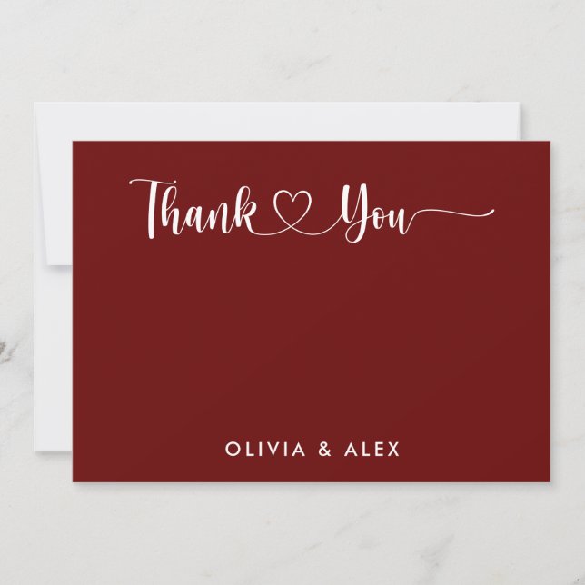 Modern Heart Maroon Script Personalized Wedding  Thank You Card (Front)