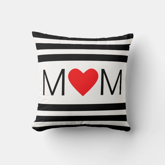Modern Heart Mom on Black & White Striped Throw Pillow (Front)