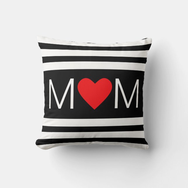 Modern Heart Mom on Black & White Striped Throw Pillow (Front)