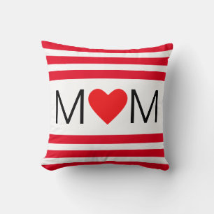 Modern Heart Mom on Red & White Striped Throw Pillow