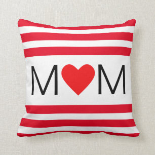Modern Heart Mom on Red & White Striped Throw Pillow