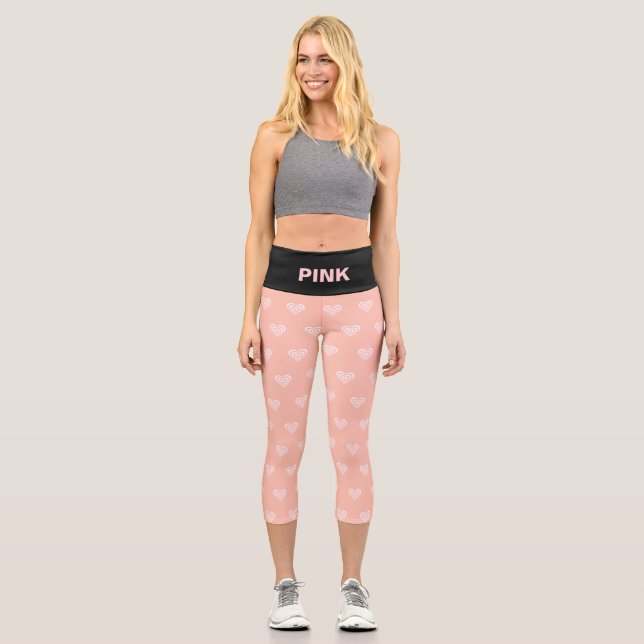 Modern Heart Pattern & Editable Pink Text Capri Leggings (Front)