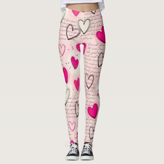 Modern Heart Pattern with Script Background (11) Leggings (Front)