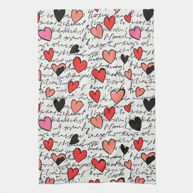 Modern Heart Pattern with Script Background (15) Kitchen Towel (Vertical)