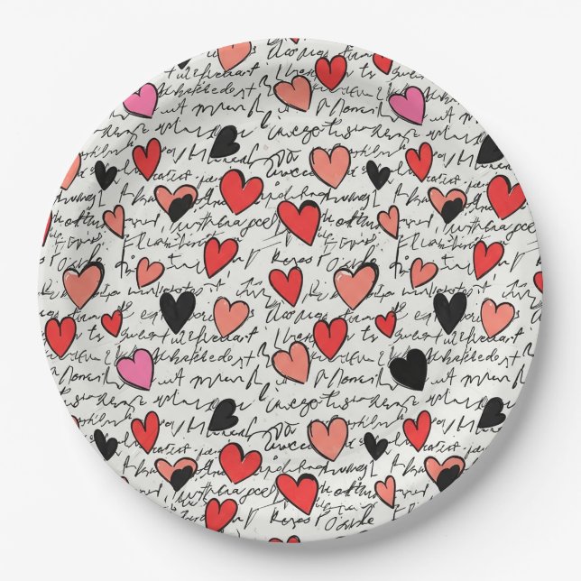 Modern Heart Pattern with Script Background (15) Paper Plate (Front)