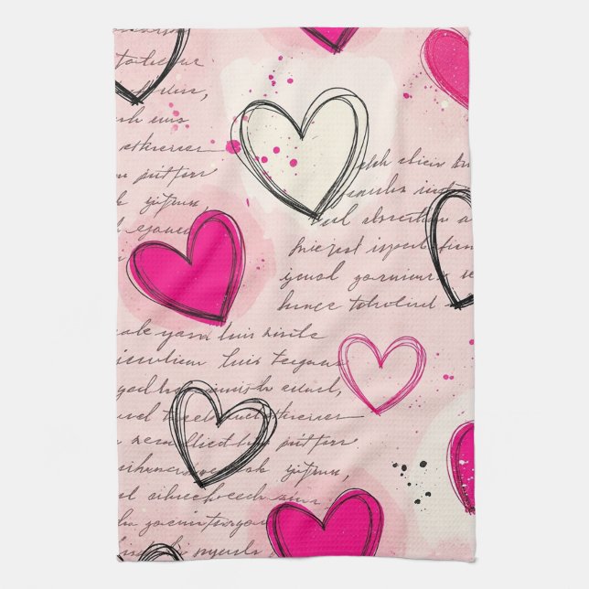 Modern Heart Pattern with Script Background (18) Kitchen Towel (Vertical)