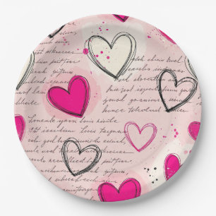 Modern Heart Pattern with Script Background (18) Paper Plate