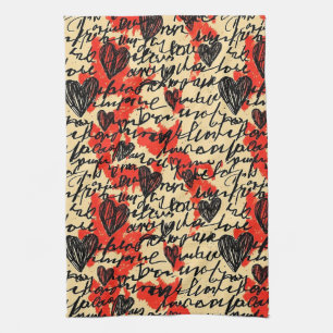 Modern Heart Pattern with Script Background (2) Kitchen Towel