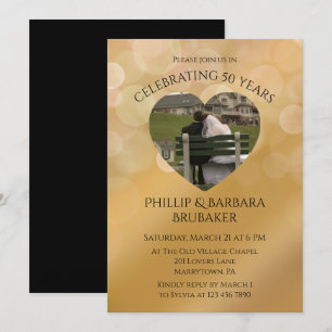 Modern Heart Photo Golden 50th Wedding Anniversary Invitation