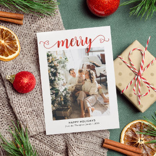 Modern Heart Red Merry Script Photo Christmas Holiday Card
