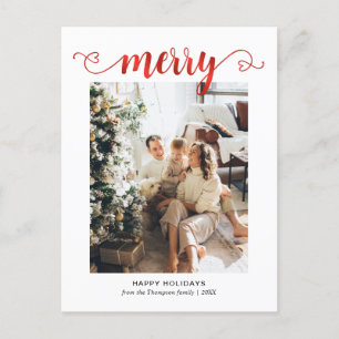 Modern Heart Red Merry Script Photo Christmas Holiday Postcard