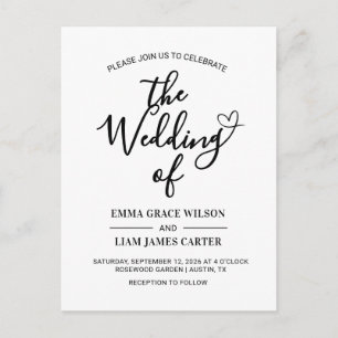 Modern Heart Script Black and White Wedding Invitation Postcard