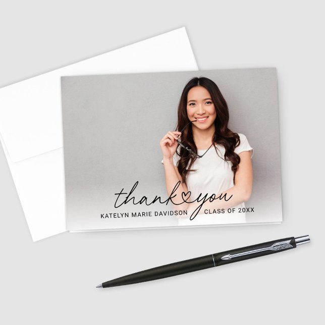 Modern Heart Script Custom Graduation Photo Thank You Card (Creator Uploaded)
