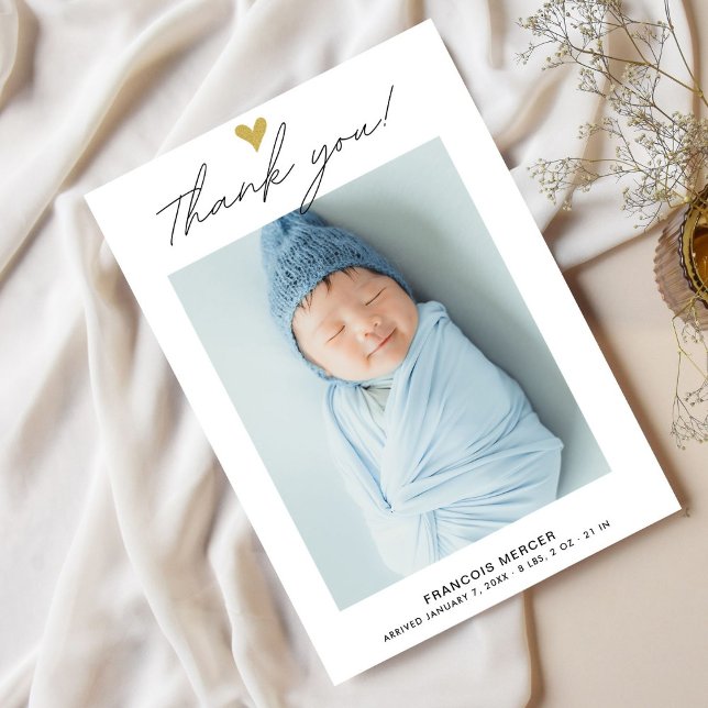 Modern Heart  Script Custom Newborn Baby Photo  Thank You Card (Creator Uploaded)