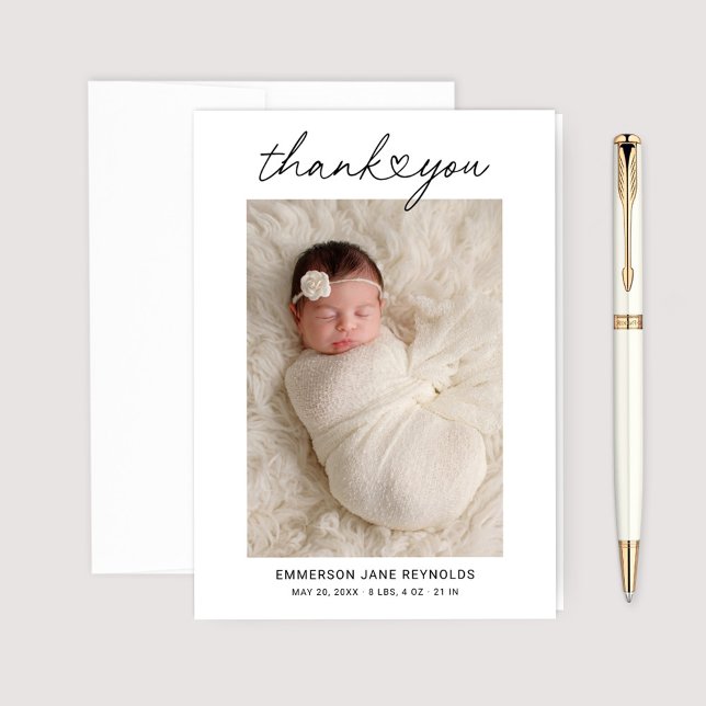 Modern Heart Script Custom Newborn Baby Photo Thank You Card (Creator Uploaded)