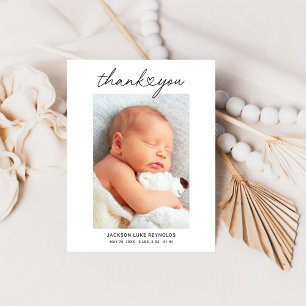 Modern Heart Script Custom Newborn Baby Photo Thank You Card