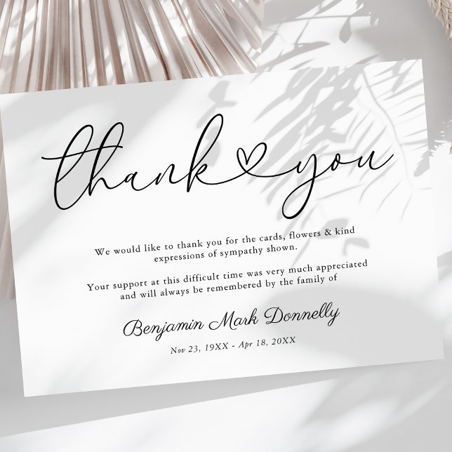 Modern Heart Script Funeral Thank You Note Card (Creator Uploaded)