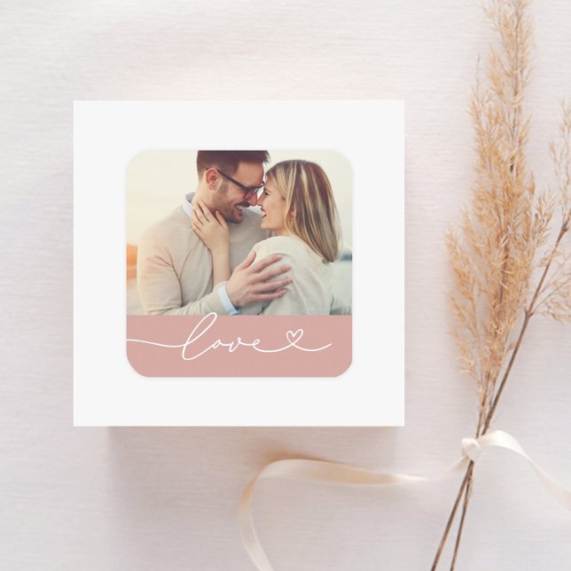 Modern Heart Script Love Photo Wedding Square Sticker (Creator Uploaded)