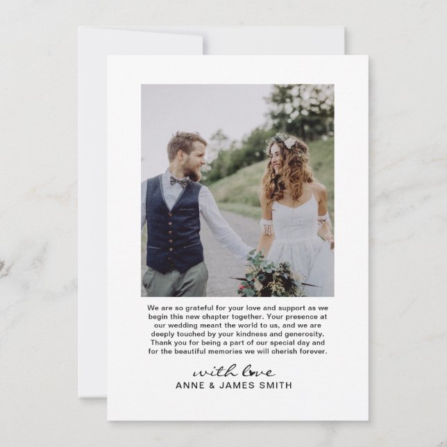 Modern Heart Script Photo Collage Editable Message Thank You Card (Back)