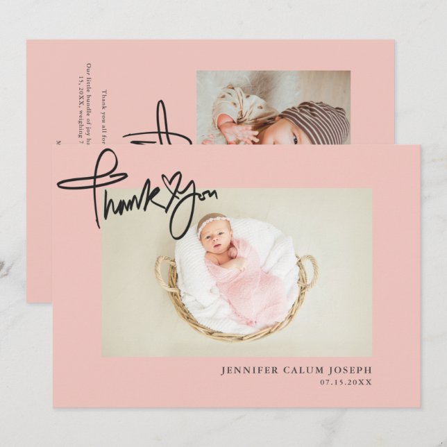 Modern Heart Script Photo Pink Baby Girl Announcement (Front/Back)