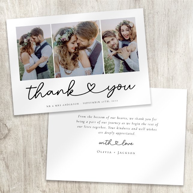 Modern Heart Script Wedding Photo Collage  Thank You Card (Creator Uploaded)