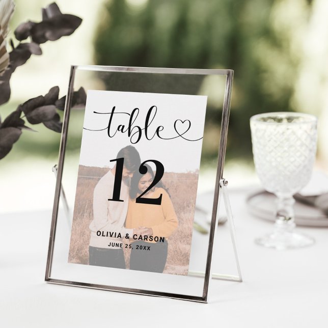 Modern Heart Script Wedding Photo Table Number (Creator Uploaded)