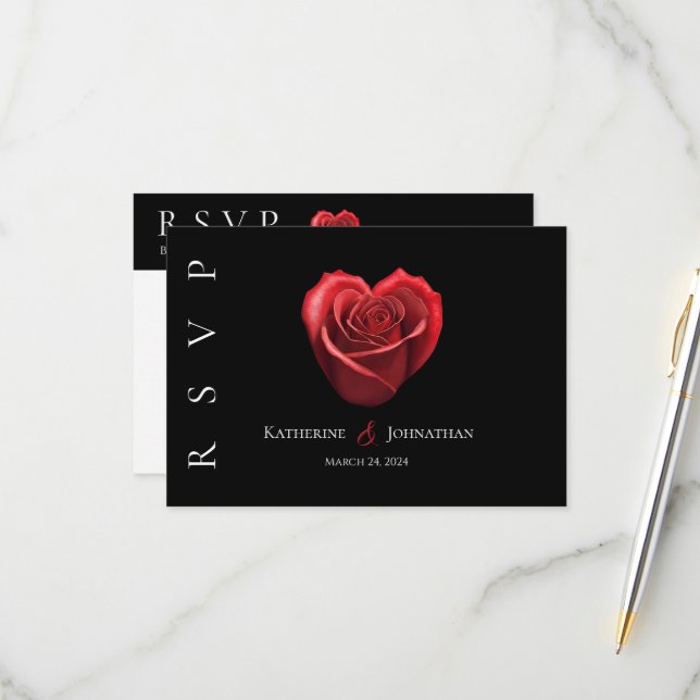 Modern Heart Shaped Red Rose-RSVP-Wedding- RSVP Card (Front/Back In Situ)