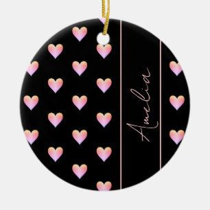 Modern Hearts Black Pink Personalized Christmas Ceramic Ornament