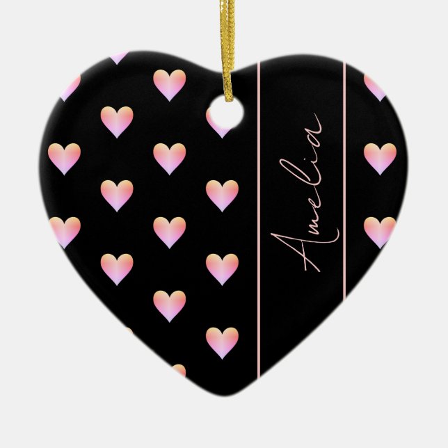 Modern Hearts Black Pink Personalized Heart Ceramic Ornament (Front)