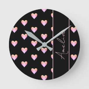 Modern Hearts Black Pink Personalized Round Clock