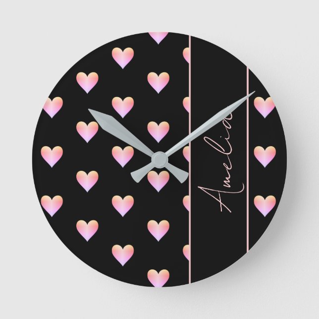 Modern Hearts Black Pink Personalized Round Clock (Front)