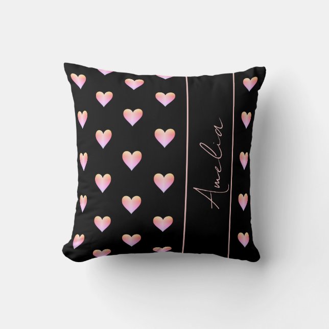 Modern Hearts Black Pink Personalized Throw Pillow (Front)