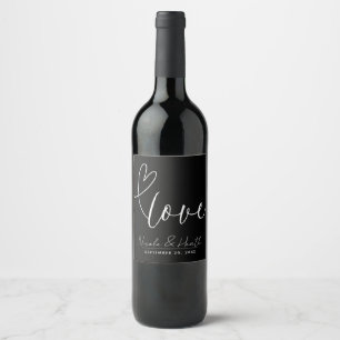 Modern Hearts Black & White Love Minimal Wedding Wine Label