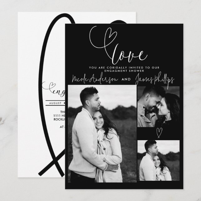 Modern Hearts Black White Minimal LOVE Engagement (Front/Back)