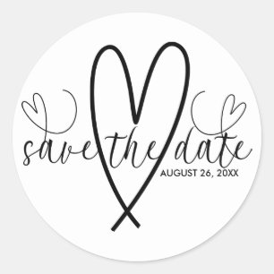 Modern Hearts Black & White Minimal Save the Date Classic Round Sticker