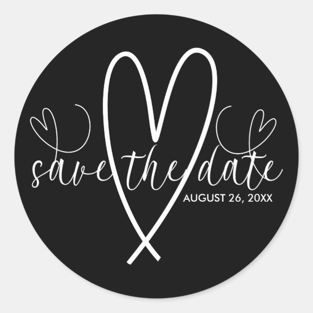 Modern Hearts Black & White Minimal Save the Date Classic Round Sticker (Front)