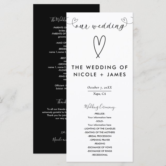 Modern Hearts Black & White Minimal Wedding Program (Front/Back)