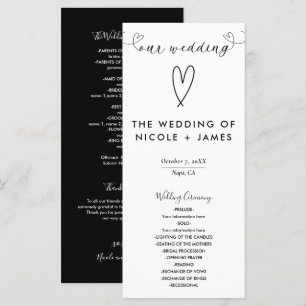 Modern Hearts Black & White Minimal Wedding Program